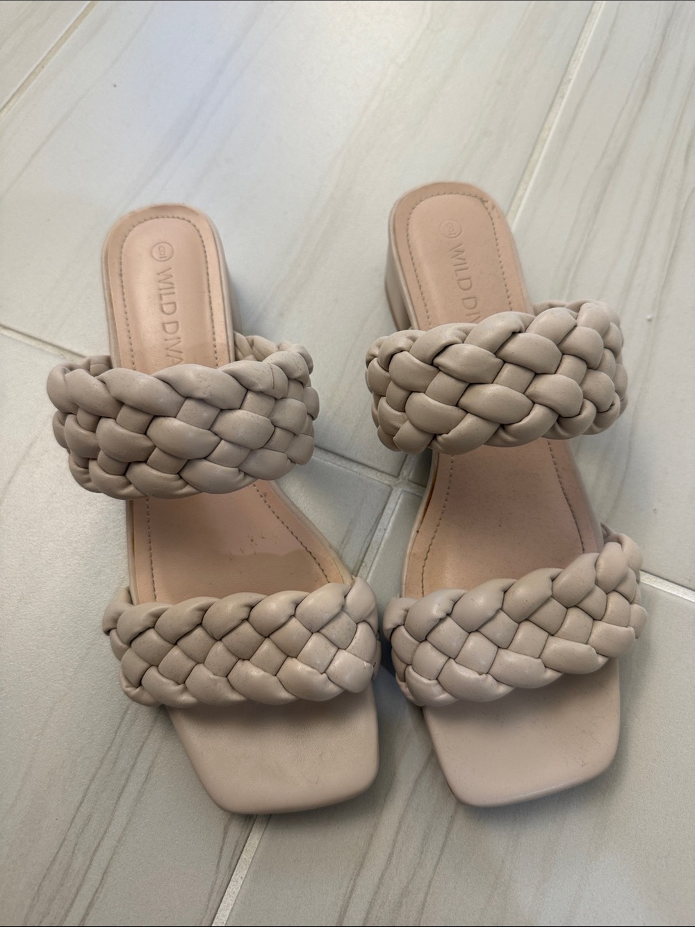 Beige Braided Double-Strap Kitten Heels in Light Beige